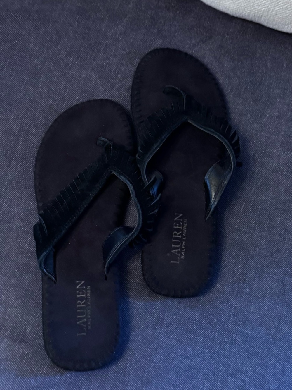 Ralph Lauren Black Suede Fringe Thong Sandals